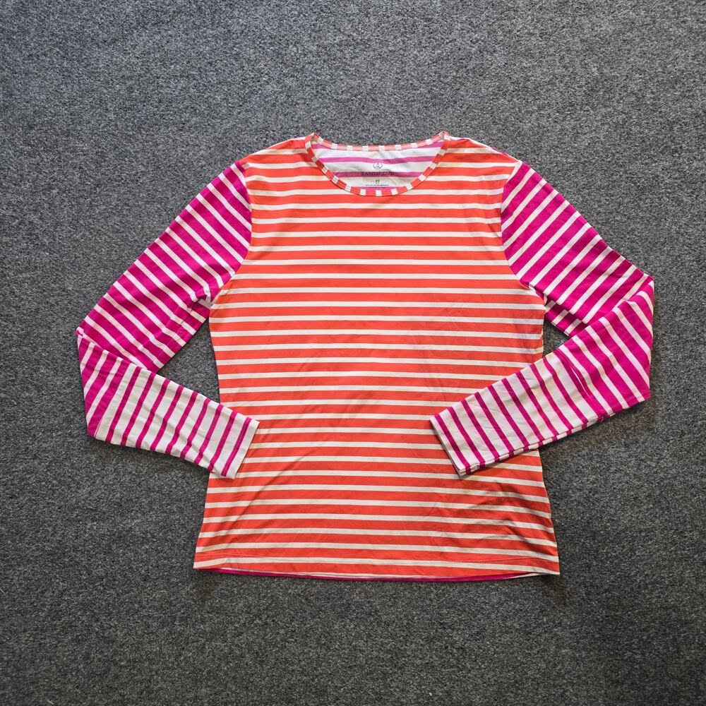 Lands End Top Womens Size XS Orange White Striped Stretchy Performance Casual